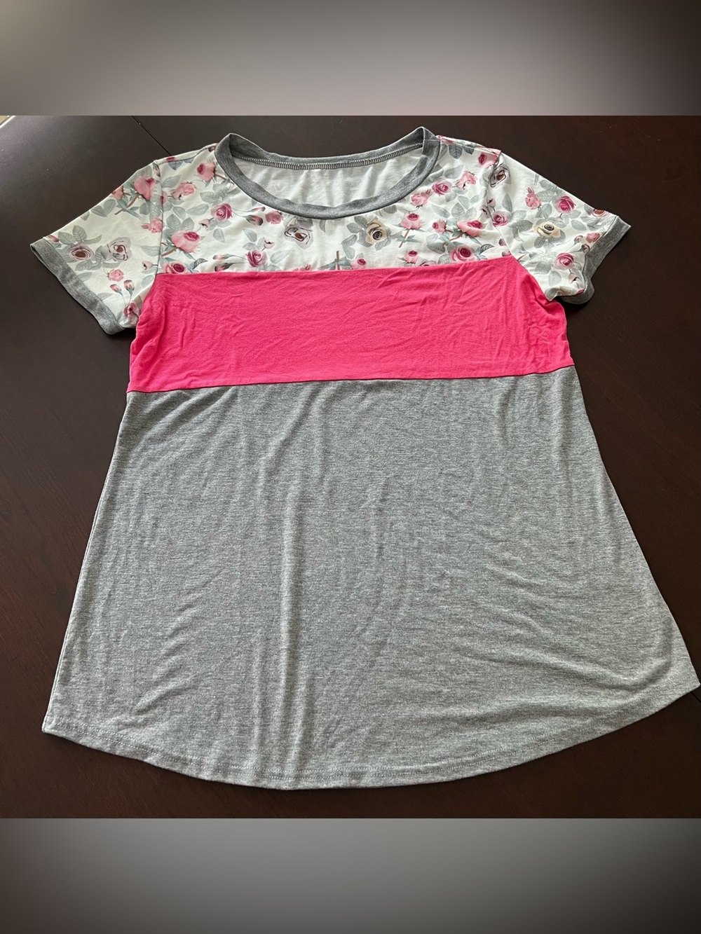 Floral Colorblock Short Sleeve Crew Neck Top Pink Gray XXL